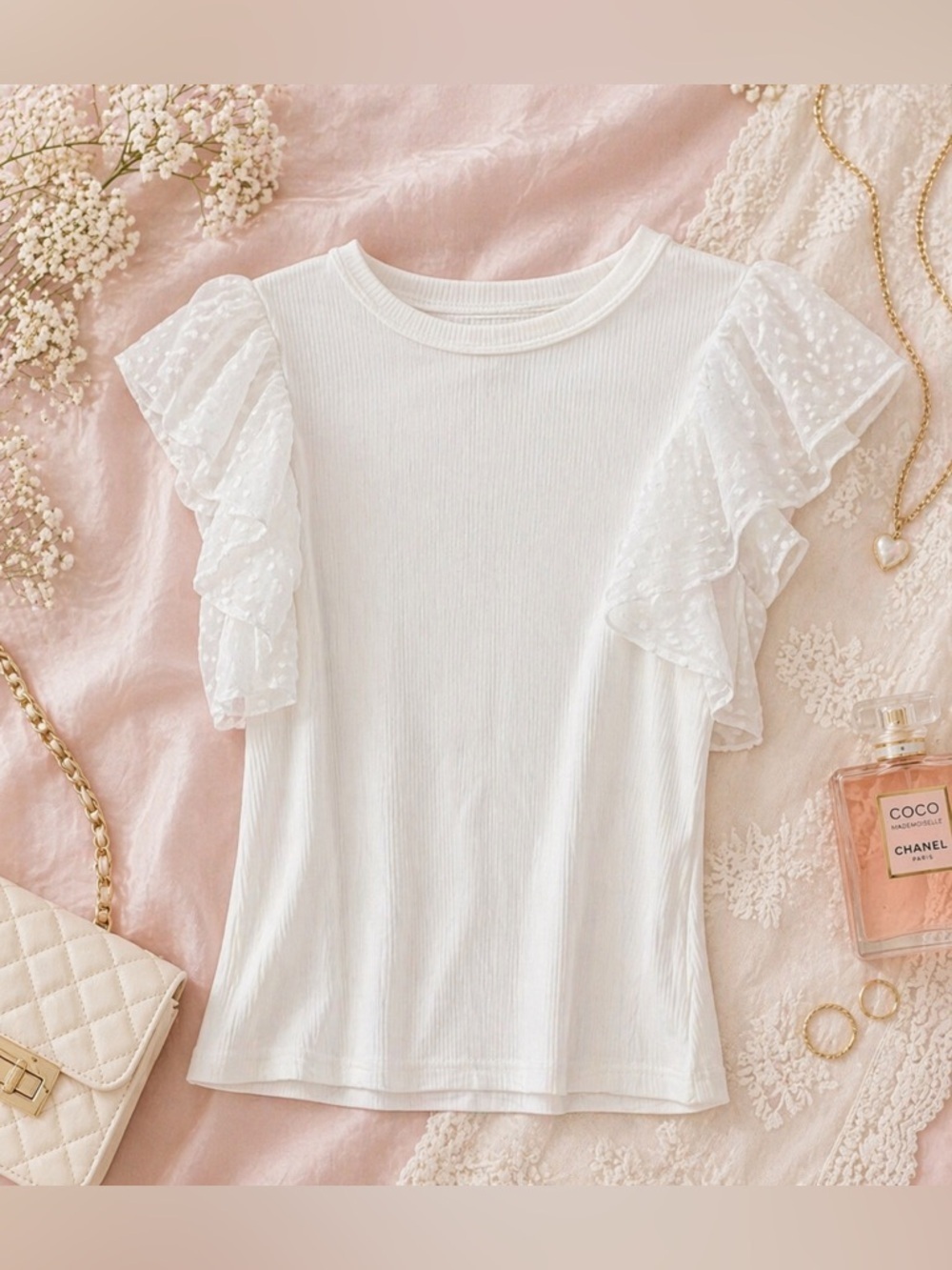 White Ribbed Ruffle Short Sleeve with Polka Dots Blouse Women's MediumLarge